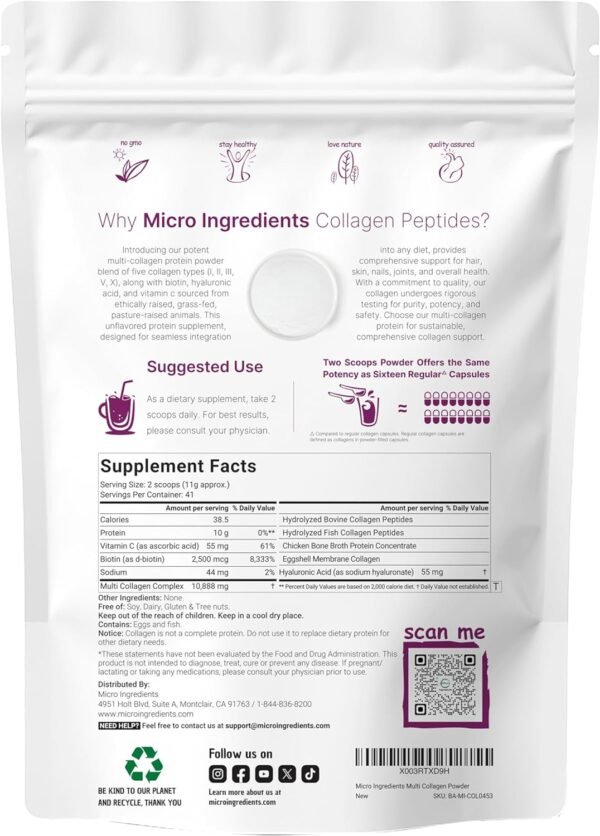 Micro Ingredients Multi Collagen Peptides Powder – Hydrolyzed Protein with Hyaluronic Acid, Biotin & Vitamin C - Image 2