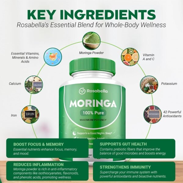 Rosabella Moringa Capsules (800mg) for Immune Support, Gut Health & Vitamins - Image 3