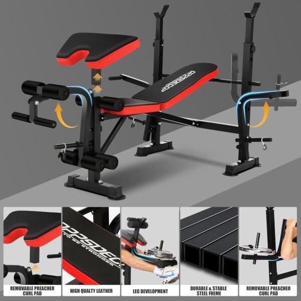 OPPSDECOR 660lb 6-in-1 Adjustable Weight Bench with Barbell Rack & Leg Developer for Full Body Strength Training - Image 2