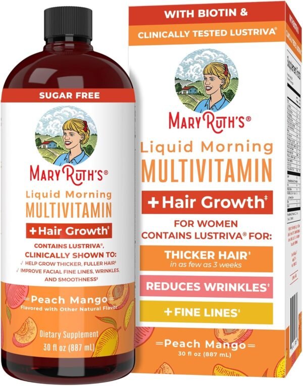 MaryRuth's Liquid Multivitamin + Hair Growth with Lustriva – Thicker Hair & Skin Support, 30 Fl Oz