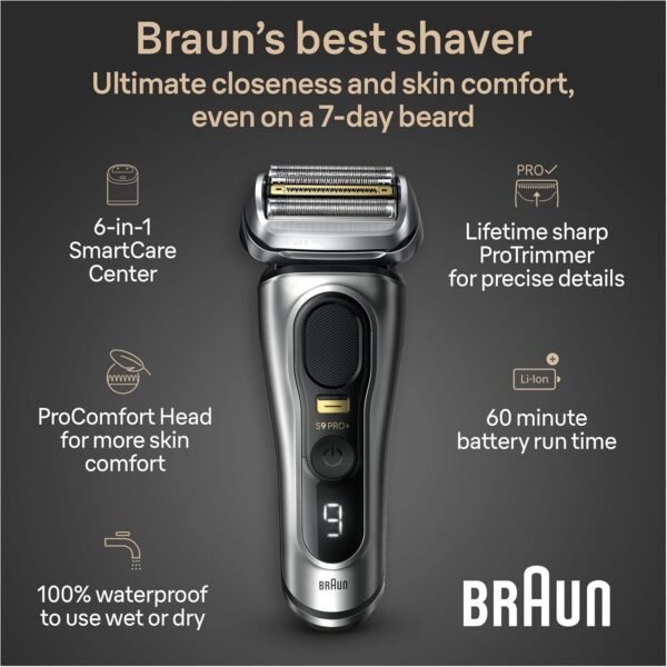 raun Series 9 PRO+ Electric Razor for Men, 5 Pro Shaving Elements and Shave-Preparing ProComfort Head for Closeness & Skin Comfort, 6in1 SmartCare Center, Wet or Dry Use, Charging Stand, 9597cc