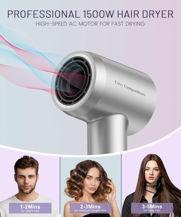 Hair Dryer - 150000 RPM High-Speed Brushless Motor Negative Ionic Blow Dryer for Fast Drying, Low Noise Thermo-Control Hair Dryer with Diffuser and Nozzle, Silvery